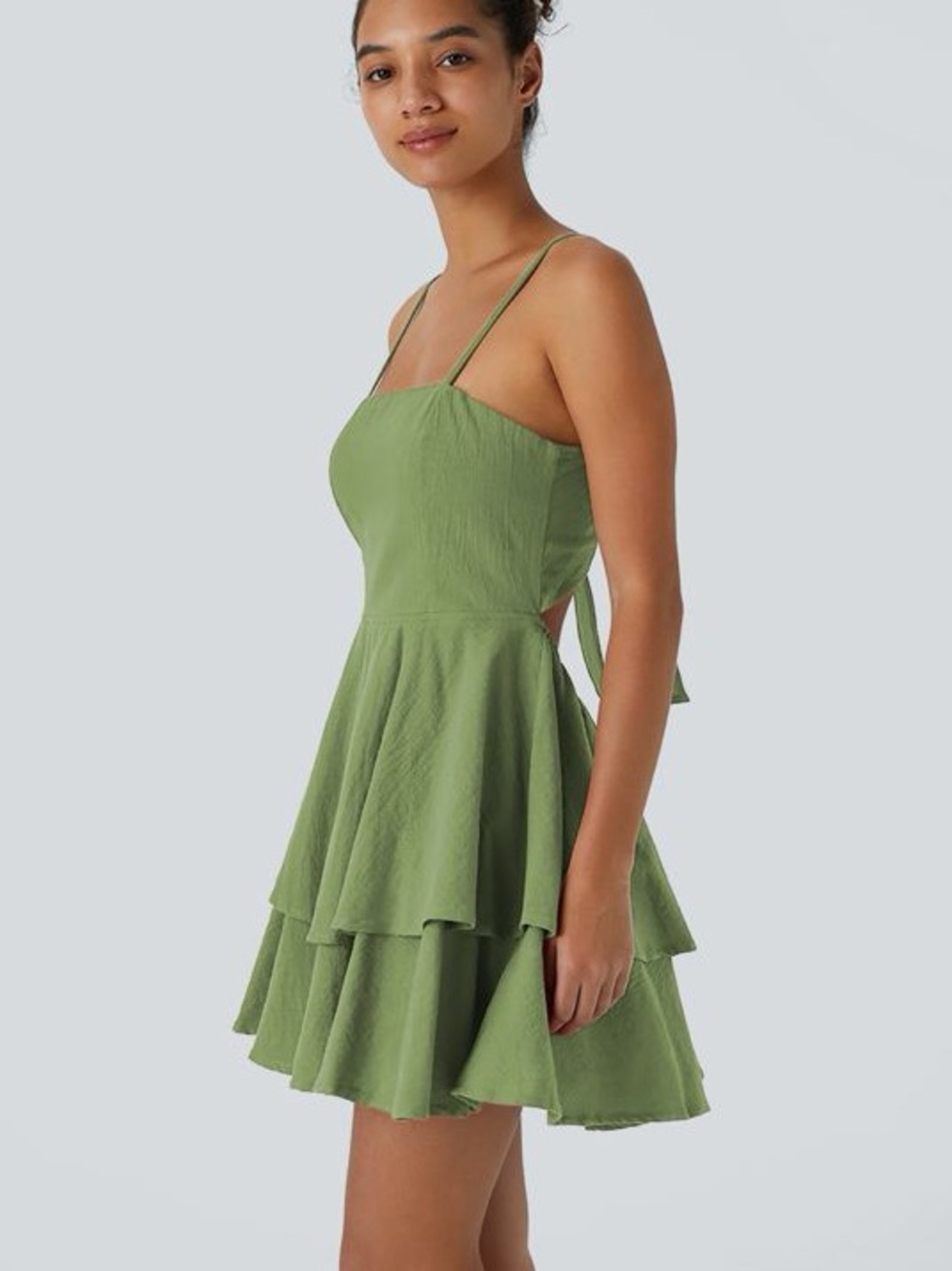 Halara Tie Back Tiered Ruffle Flowy Slip Mini Casual Linen-Feel Dress